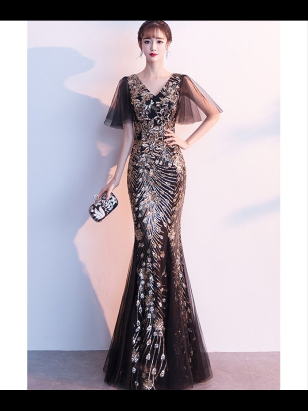 Black & Gold Embellished V-Neck Maxi Evening Dress